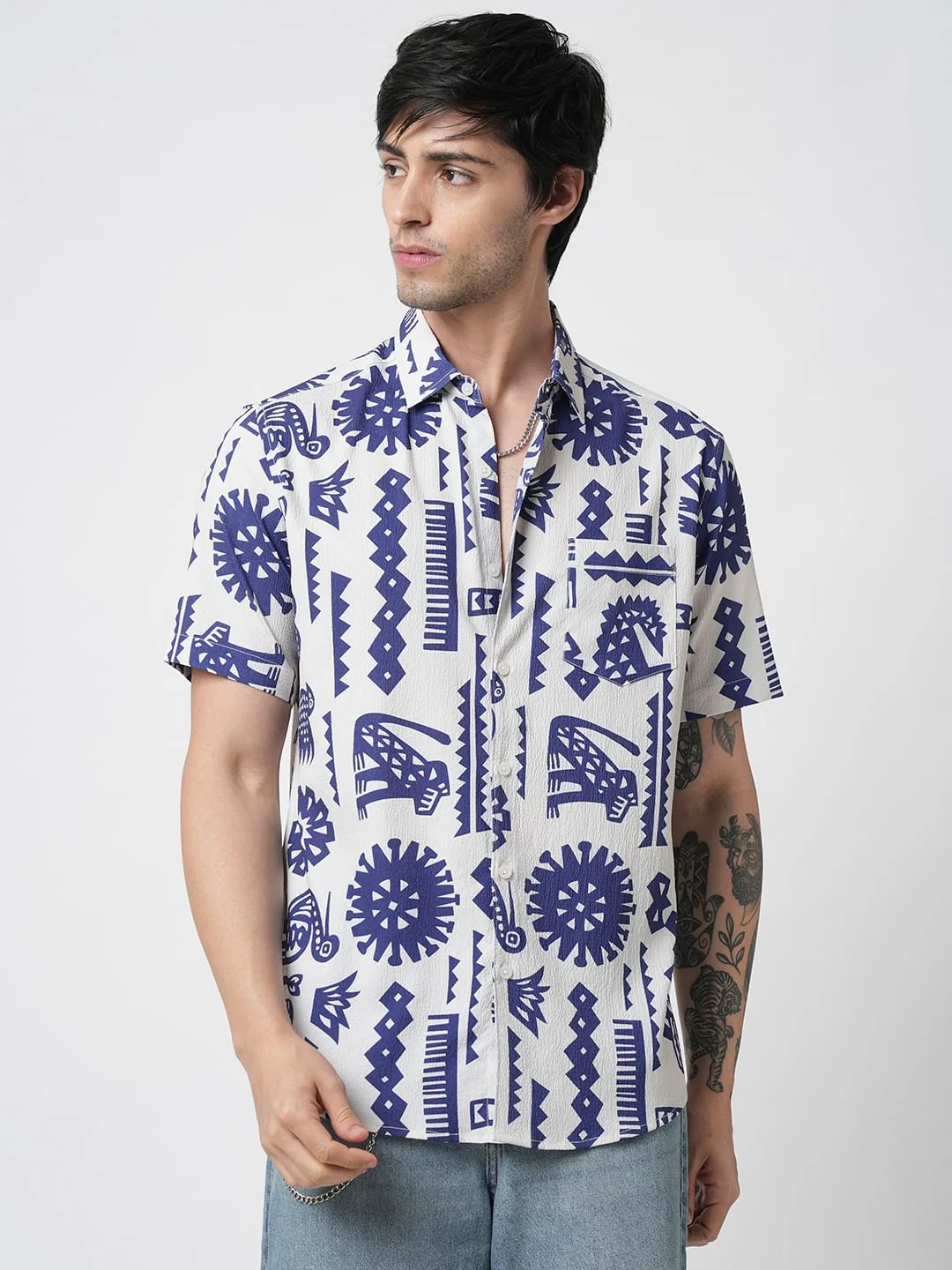 White and Blue Tribal Printed Creased Shirt - Image 4