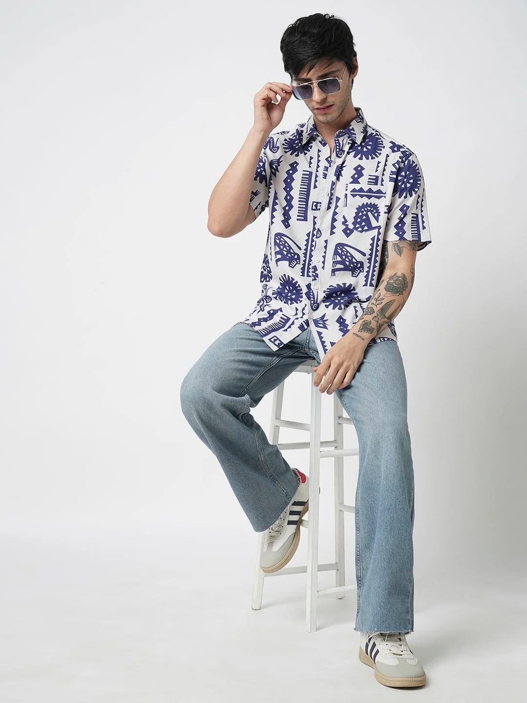 White and Blue Tribal Printed Creased Shirt - Image 7