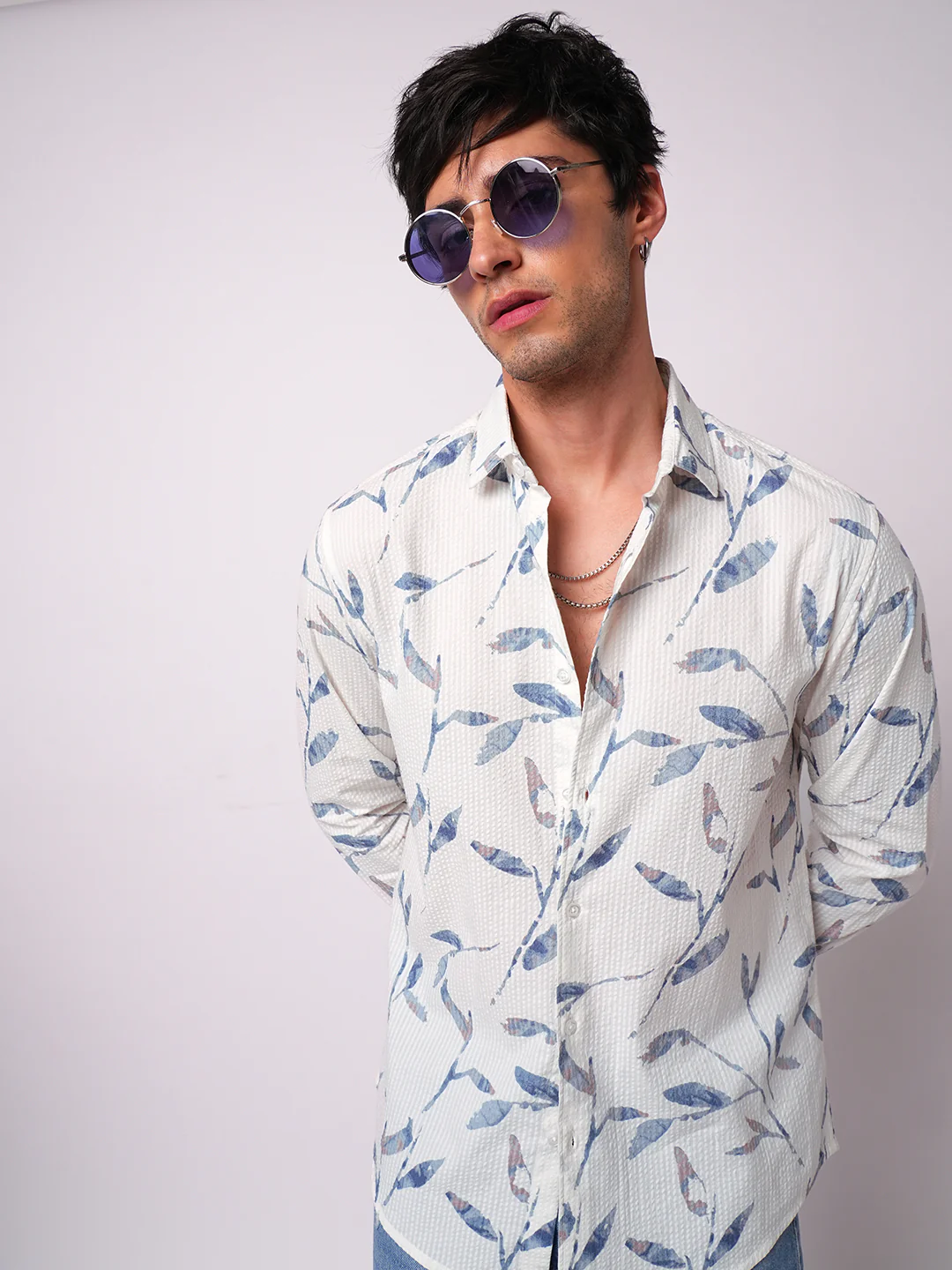 White Arctic Bloom Leaf Printed Seersucker Shirt - Image 2