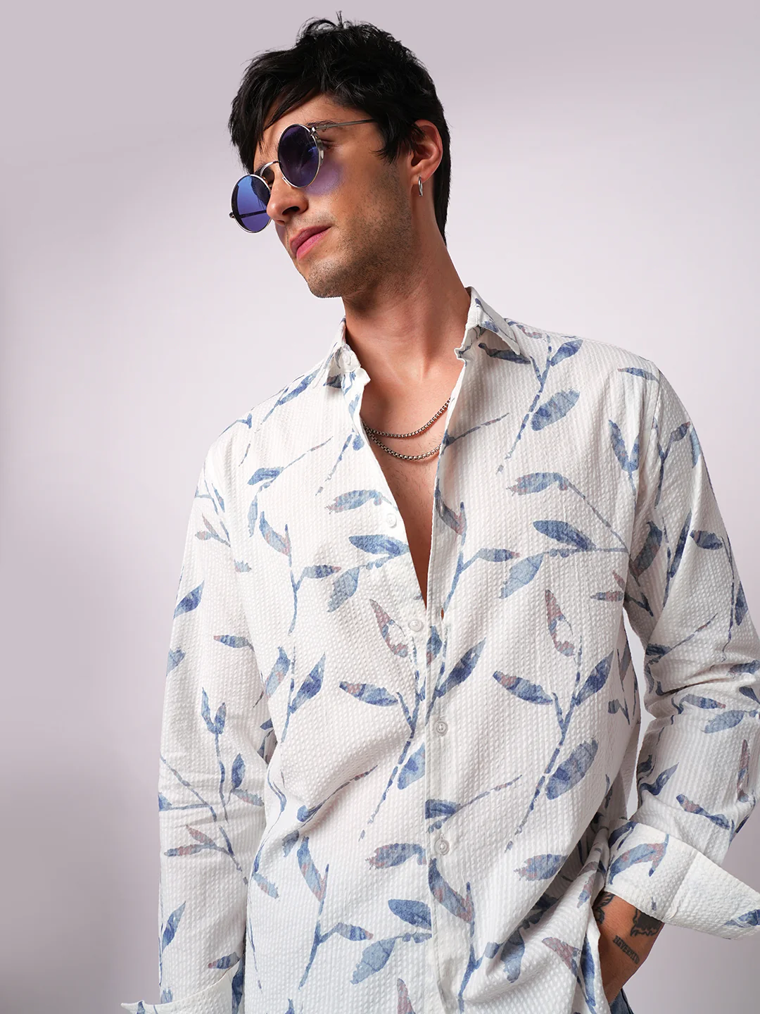 White Arctic Bloom Leaf Printed Seersucker Shirt - Image 4