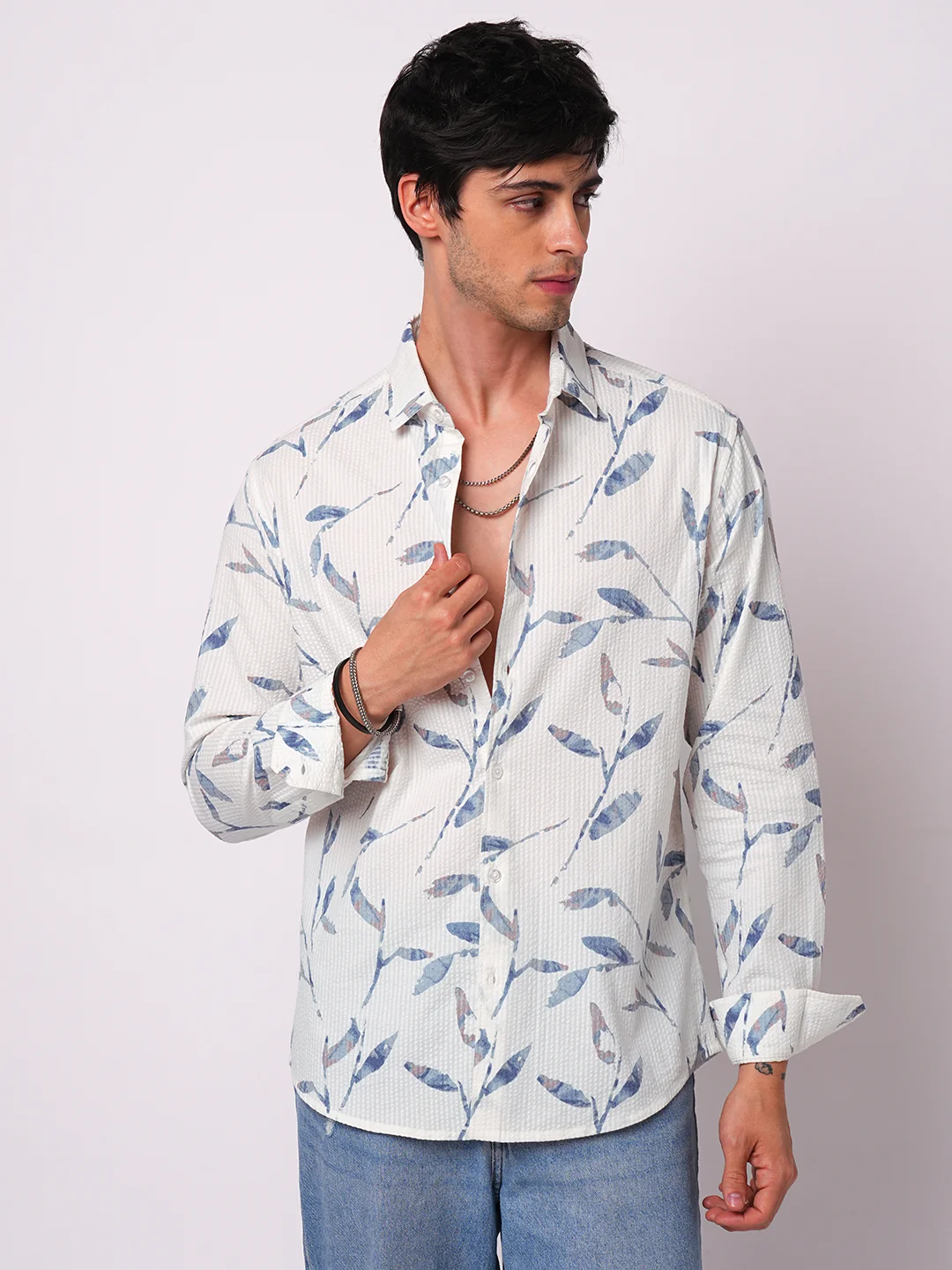 White Arctic Bloom Leaf Printed Seersucker Shirt - Image 5