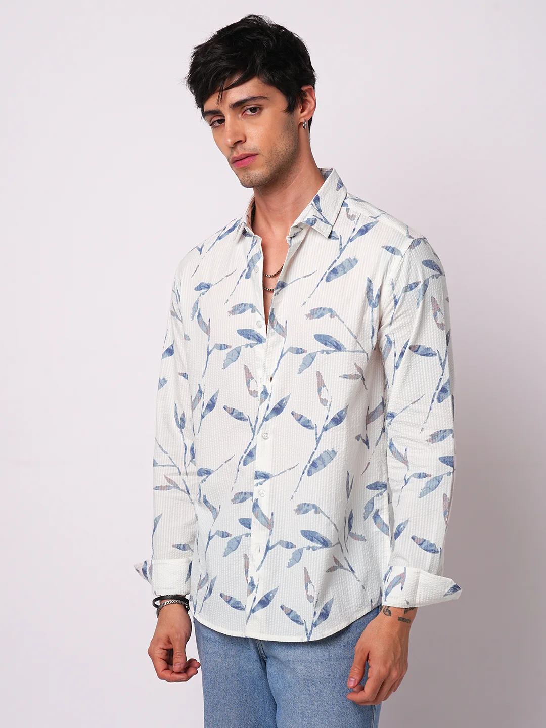 White Arctic Bloom Leaf Printed Seersucker Shirt - Image 6