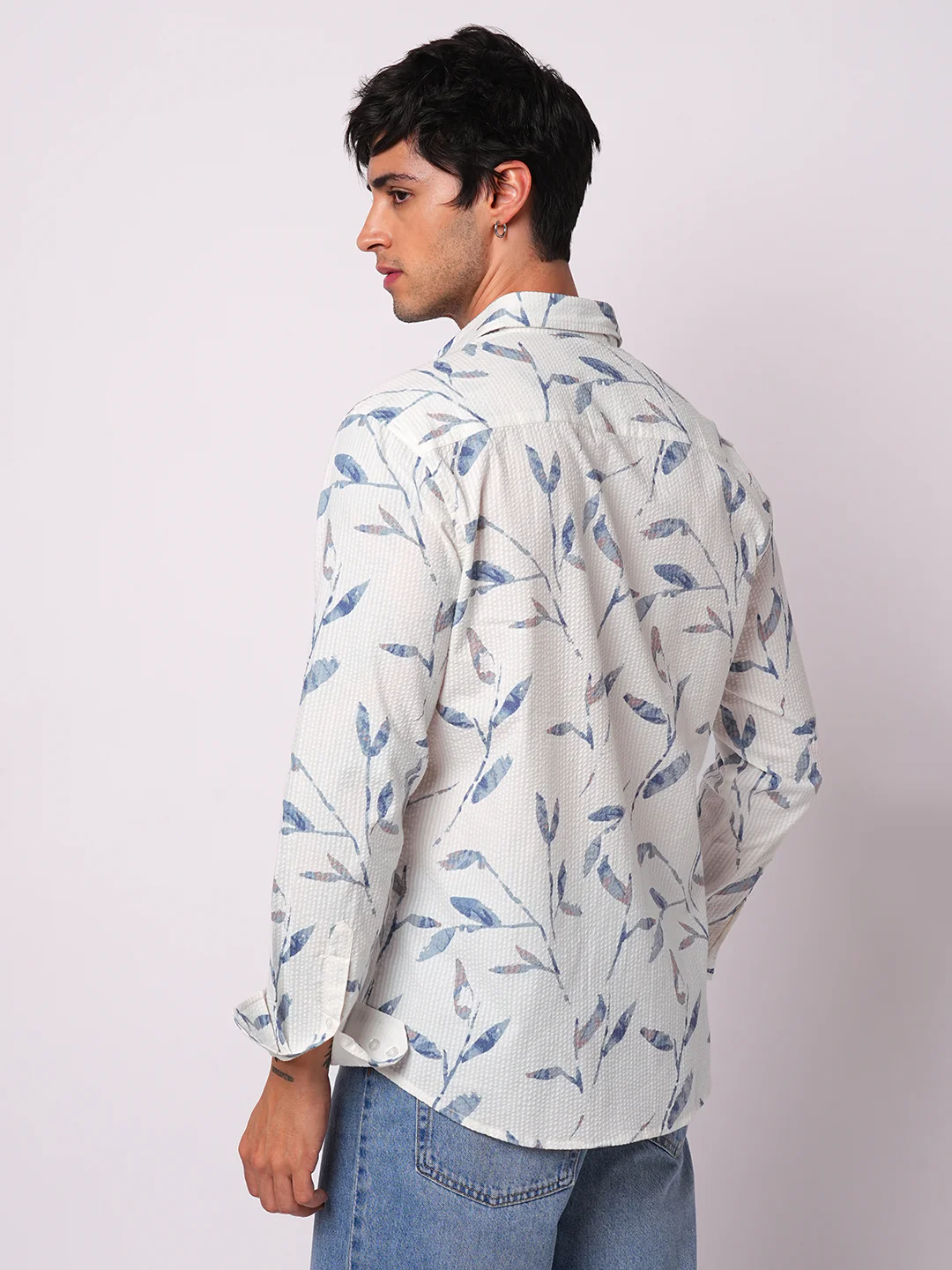 White Arctic Bloom Leaf Printed Seersucker Shirt - Image 7