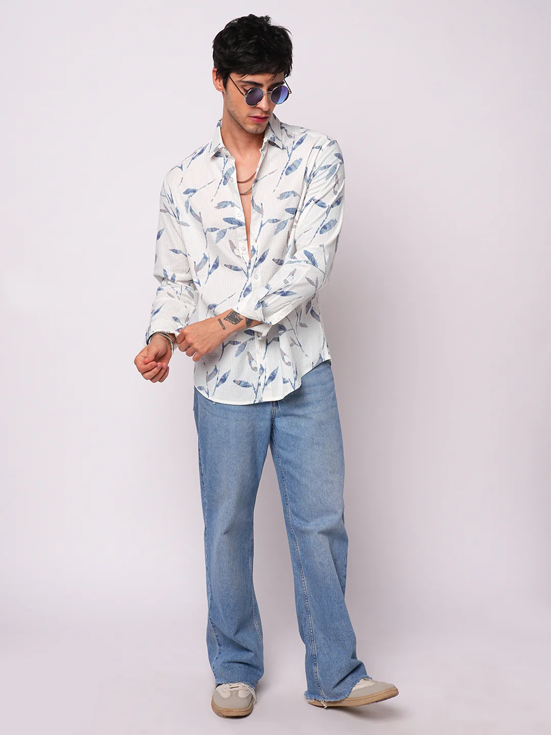 White Arctic Bloom Leaf Printed Seersucker Shirt - Image 8