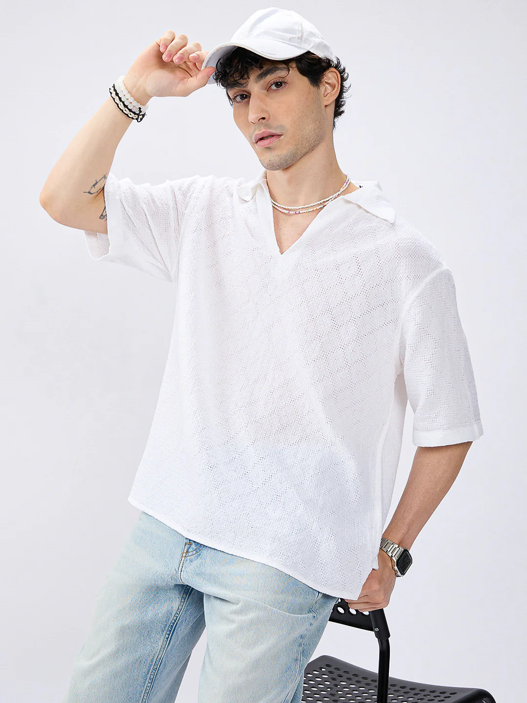 White Artisan Loop Weave Crochet Oversized Polo shirt - Image 2