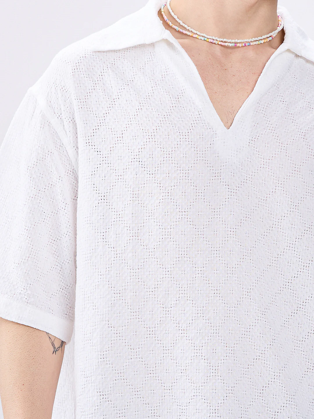 White Artisan Loop Weave Crochet Oversized Polo shirt - Image 3