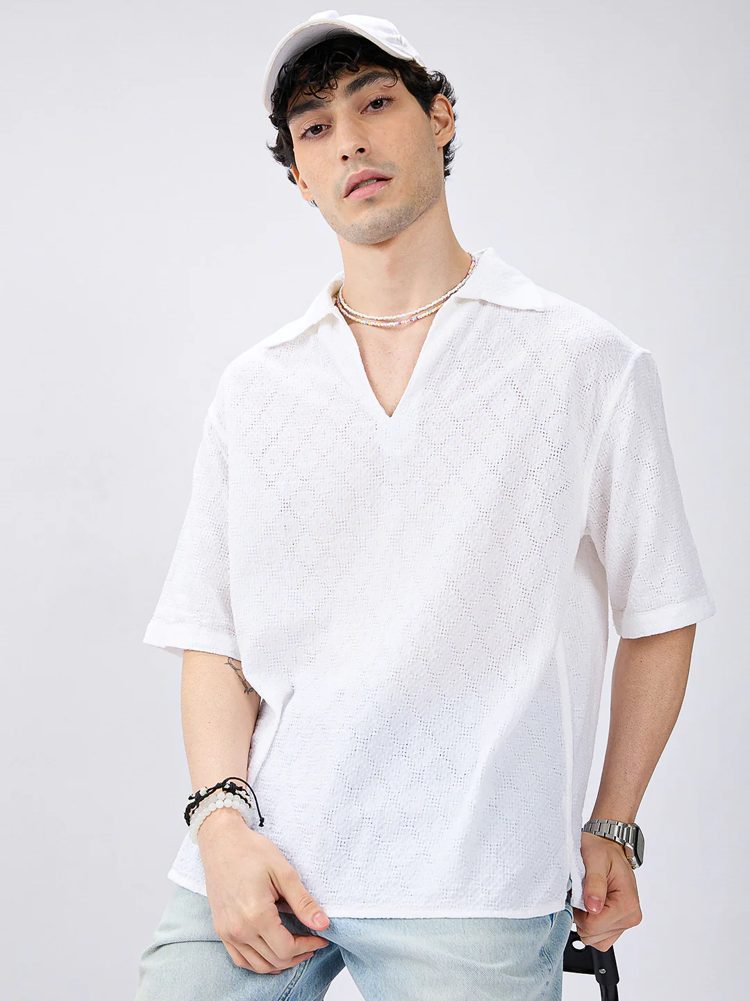 White Artisan Loop Weave Crochet Oversized Polo shirt - Image 4