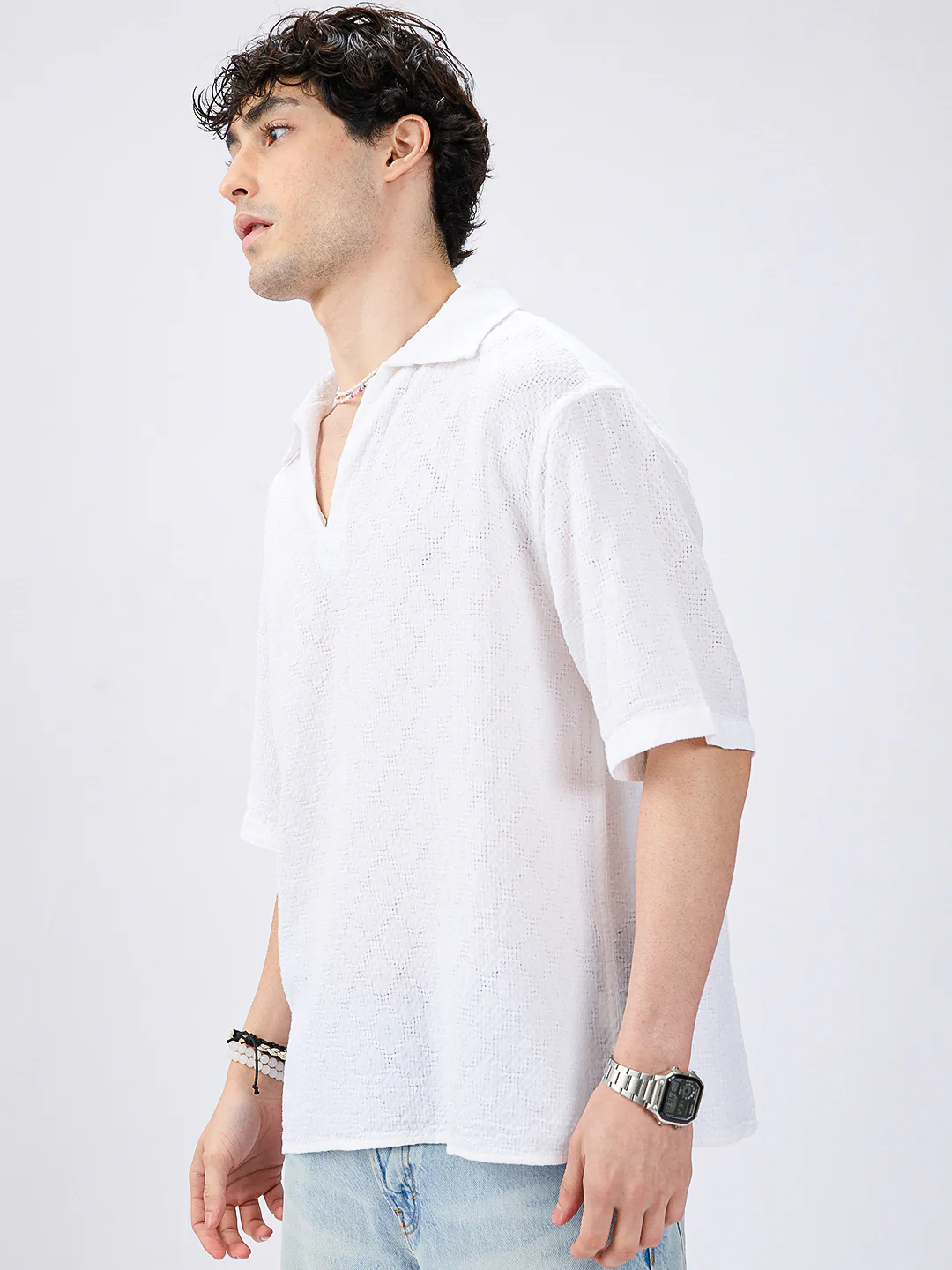 White Artisan Loop Weave Crochet Oversized Polo shirt - Image 5