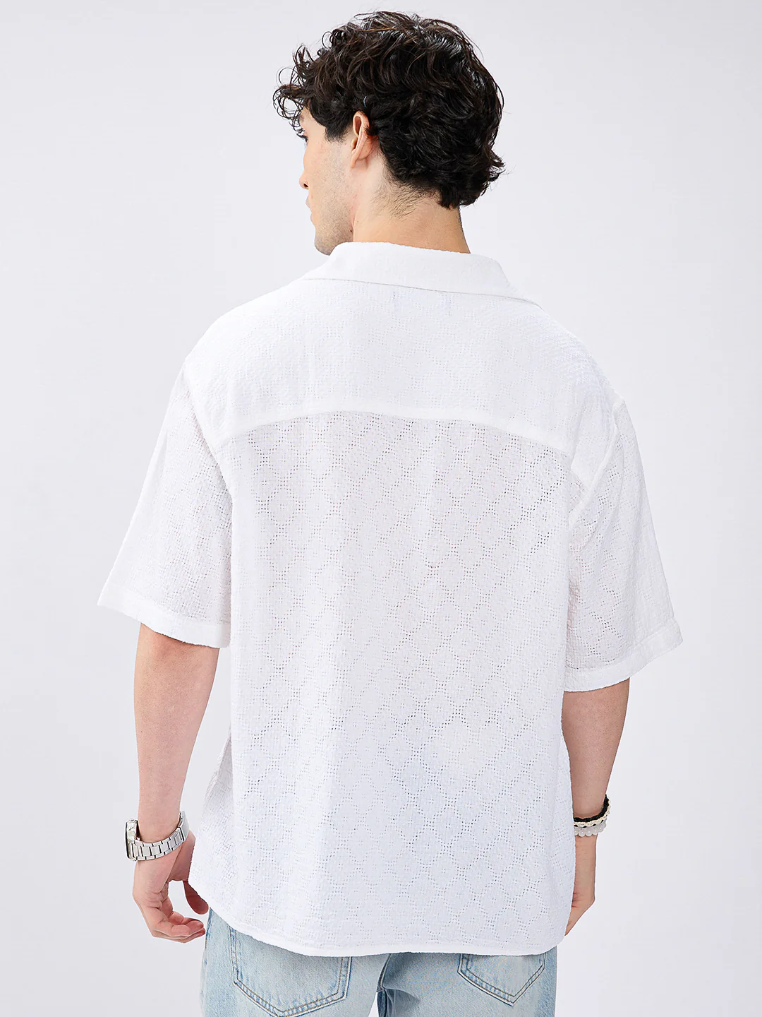 White Artisan Loop Weave Crochet Oversized Polo shirt - Image 6