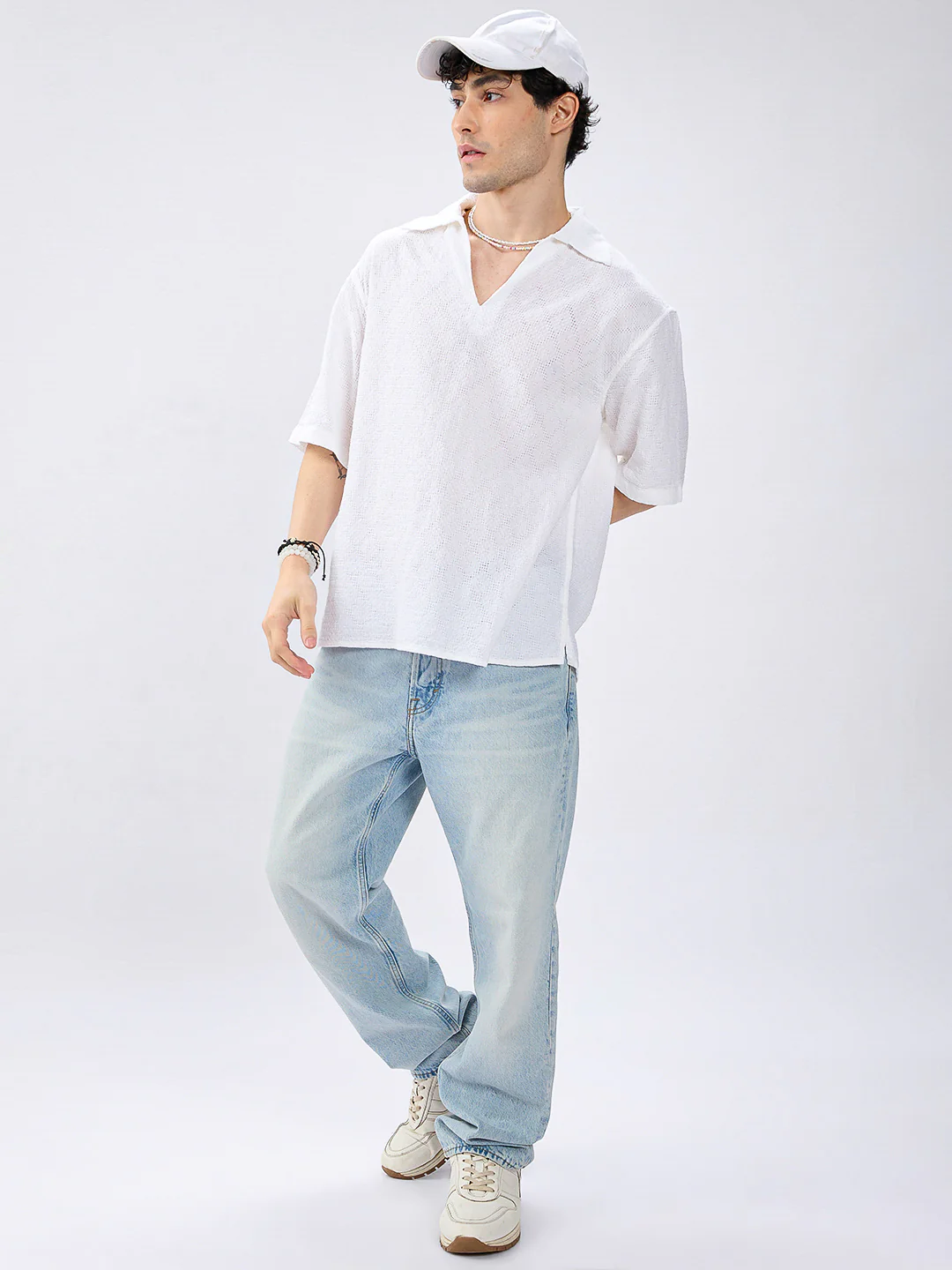 White Artisan Loop Weave Crochet Oversized Polo shirt - Image 7