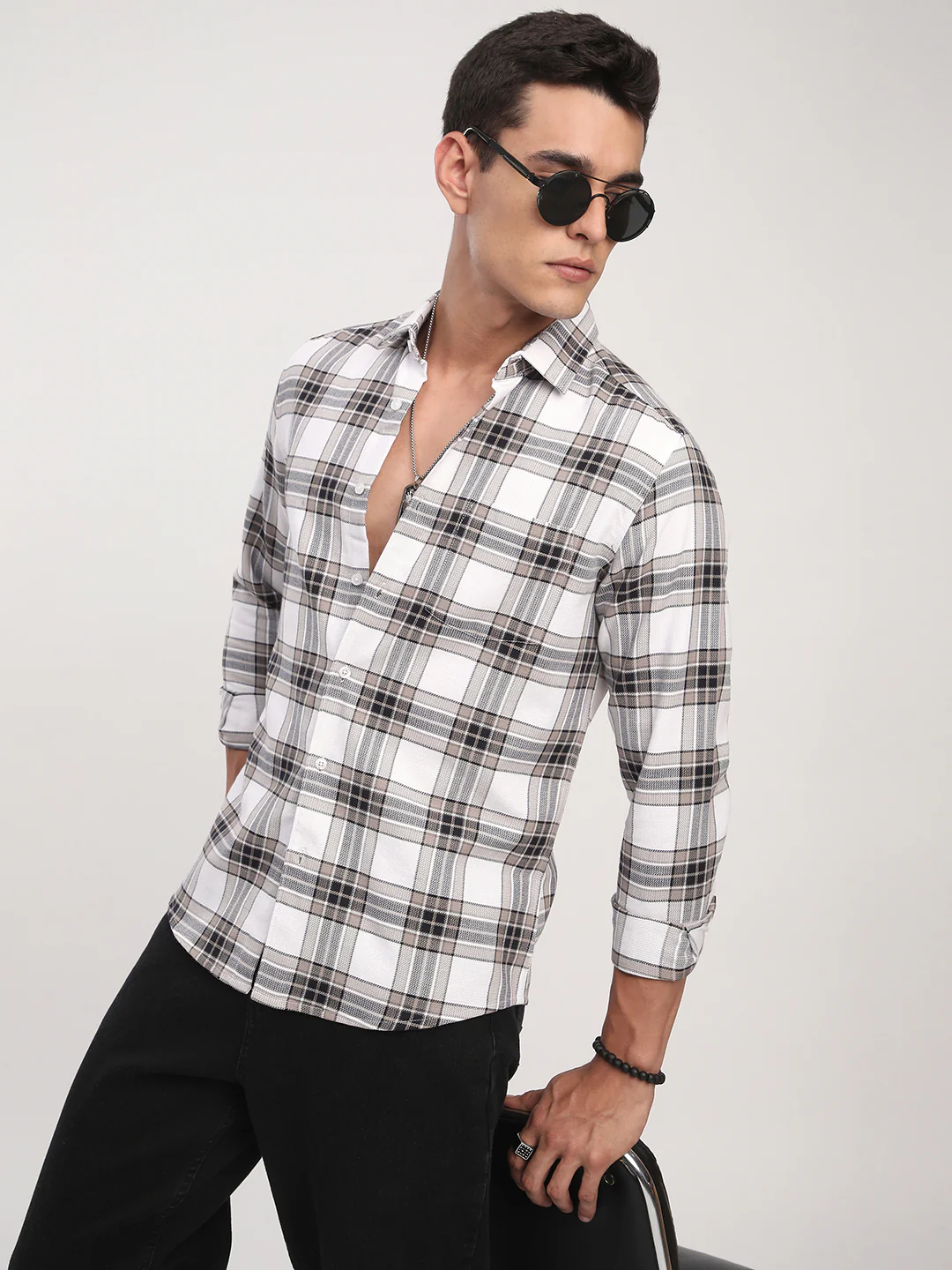 Premium Cotton White & Brown Plaid Checks Shirt - Image 2