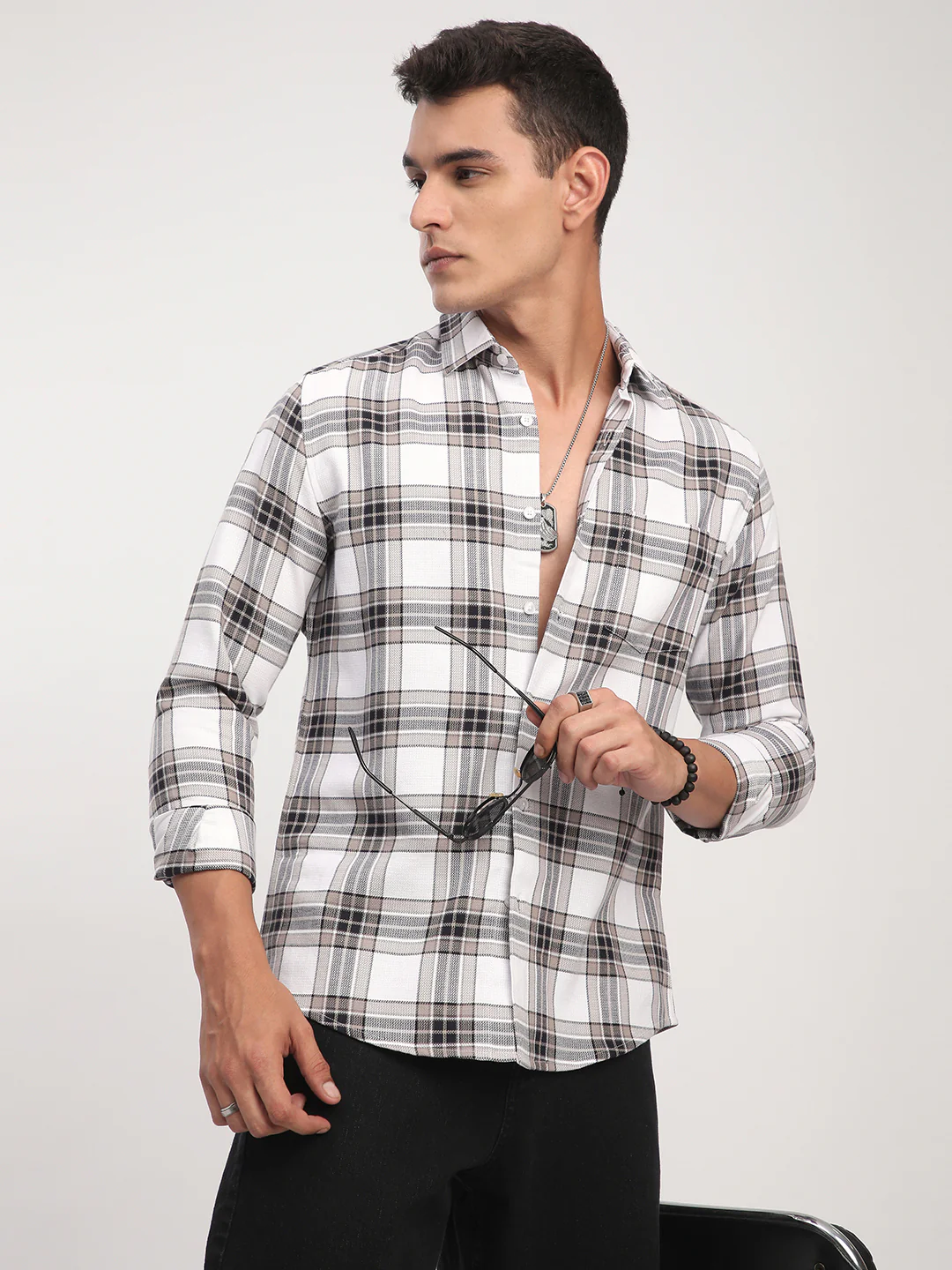Premium Cotton White & Brown Plaid Checks Shirt - Image 4