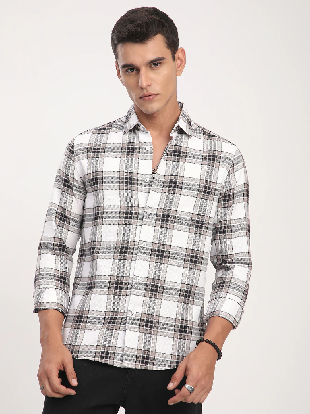 Premium Cotton White & Brown Plaid Checks Shirt - Image 5