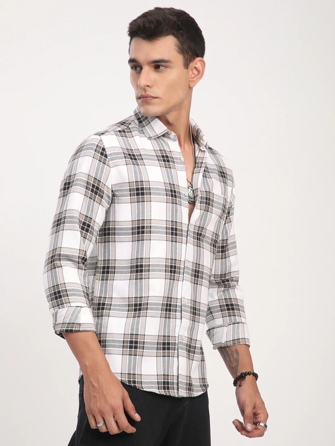 Premium Cotton White & Brown Plaid Checks Shirt - Image 6