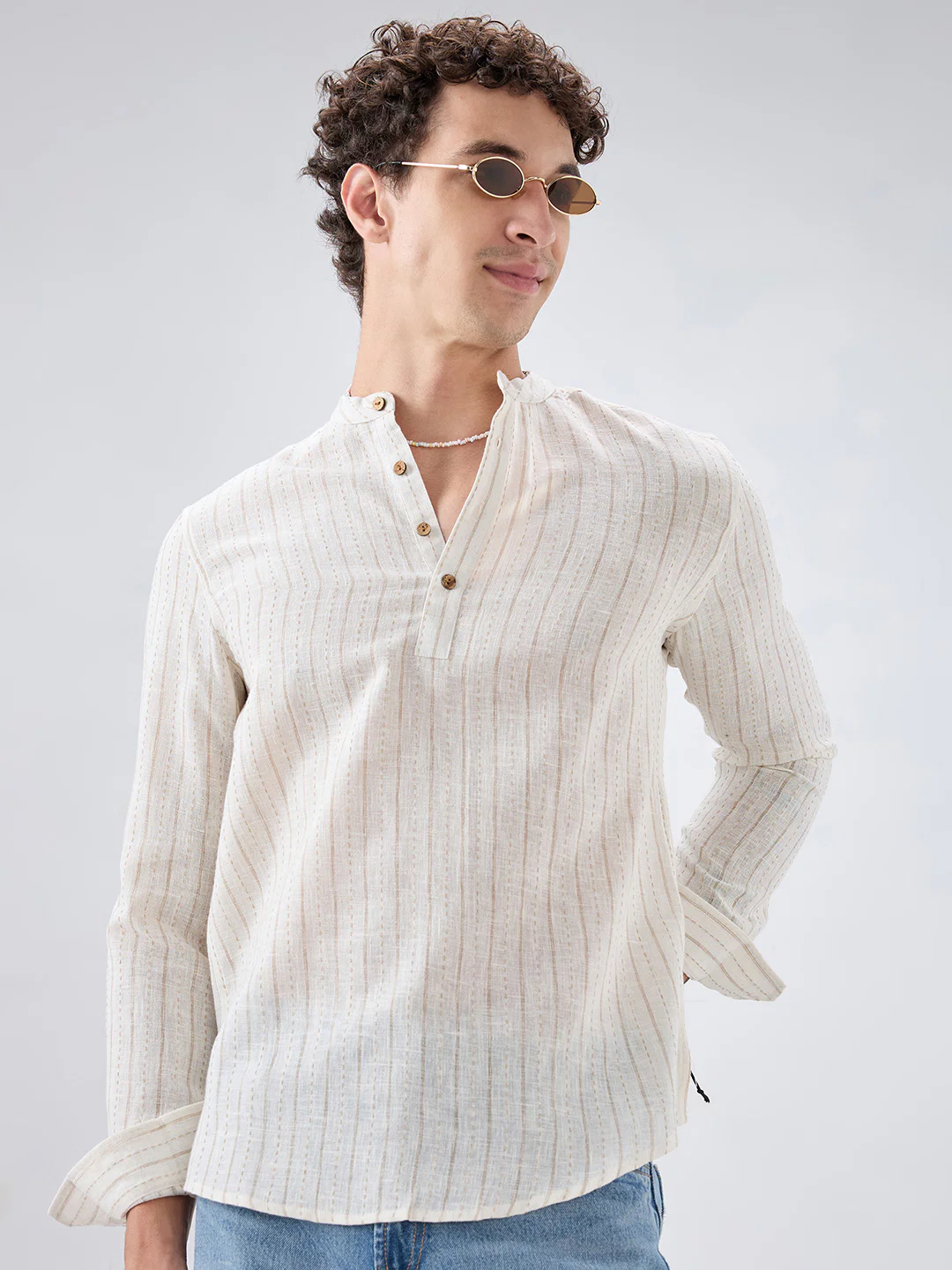 White & Beige Burlap Weaved Striped Kurta - Image 2