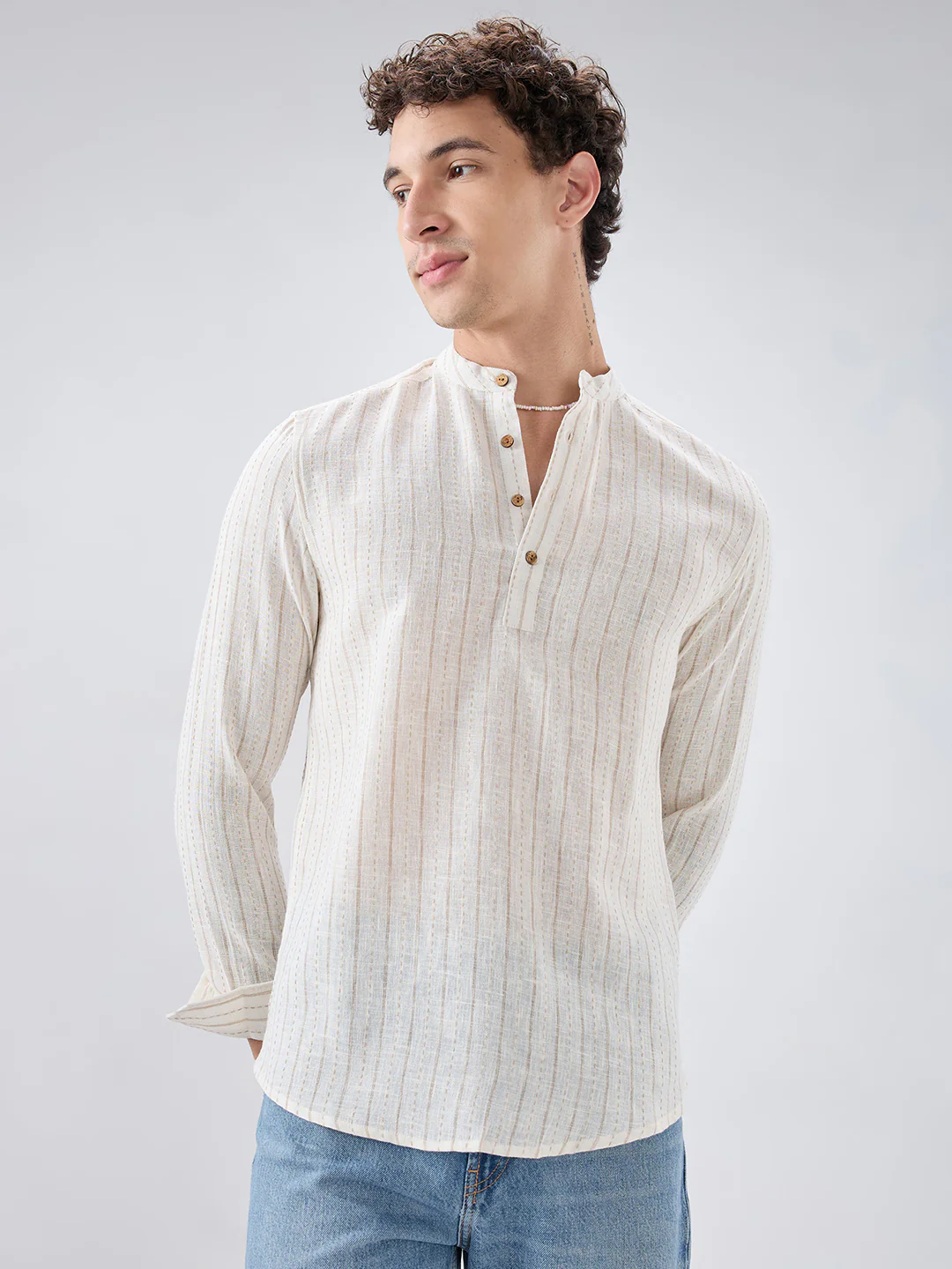 White & Beige Burlap Weaved Striped Kurta - Image 5