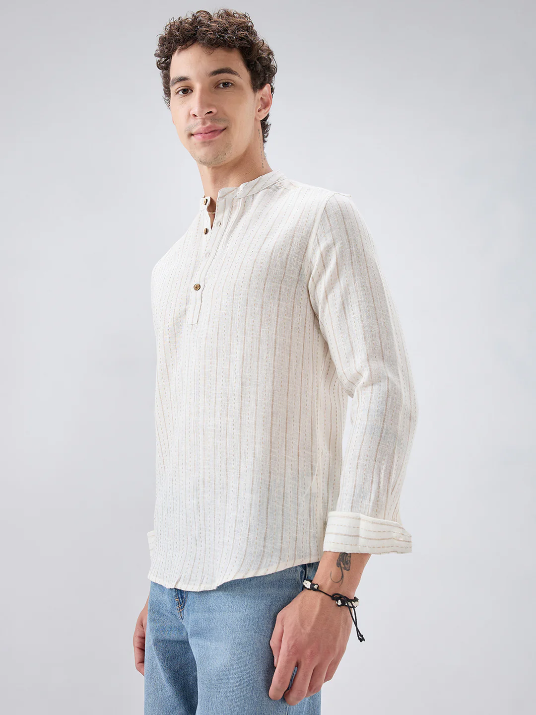 White & Beige Burlap Weaved Striped Kurta - Image 6