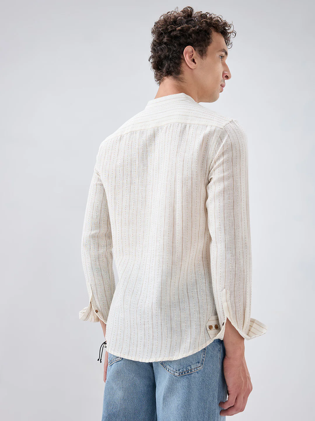 White & Beige Burlap Weaved Striped Kurta - Image 7