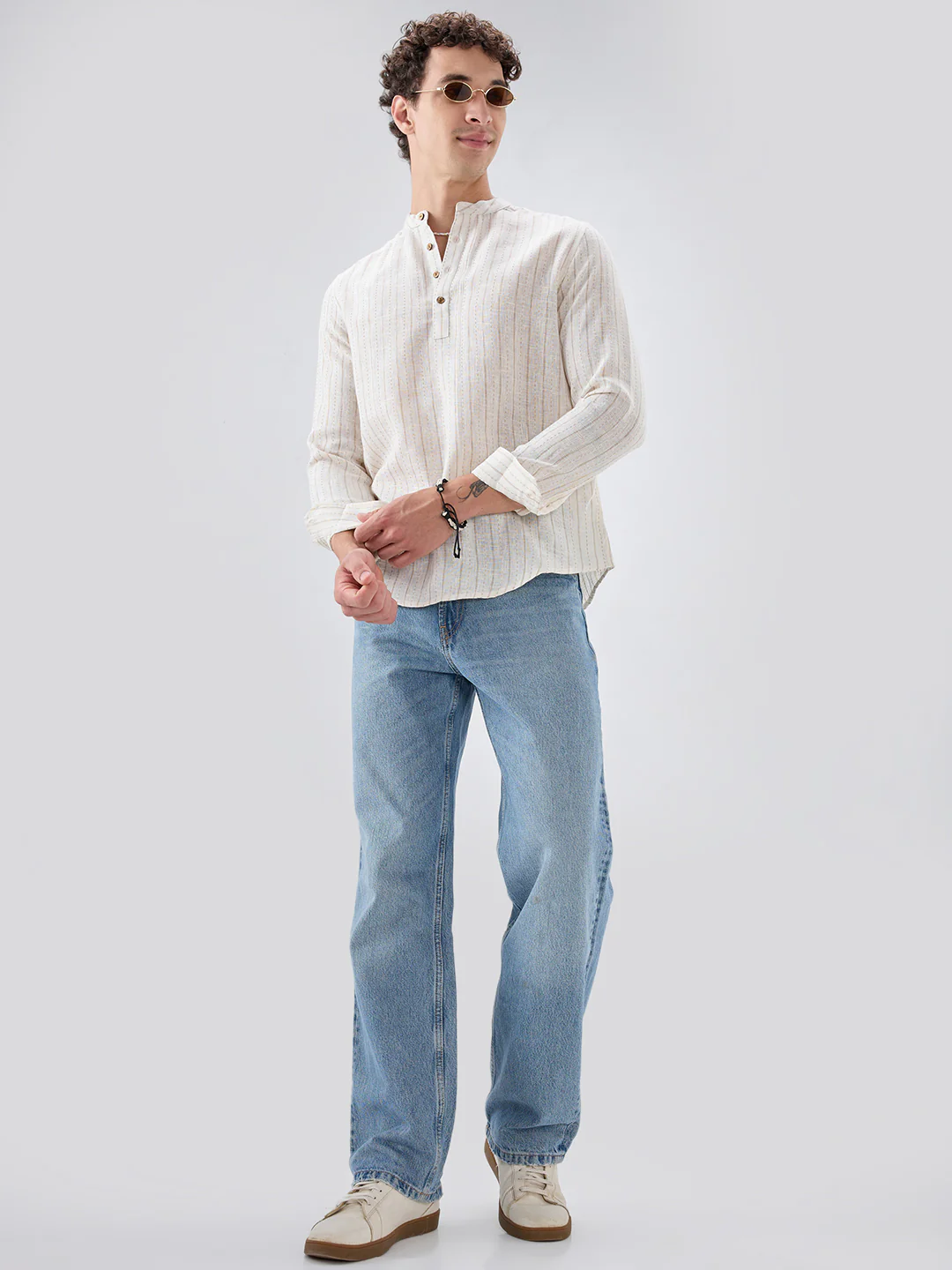 White & Beige Burlap Weaved Striped Kurta - Image 8
