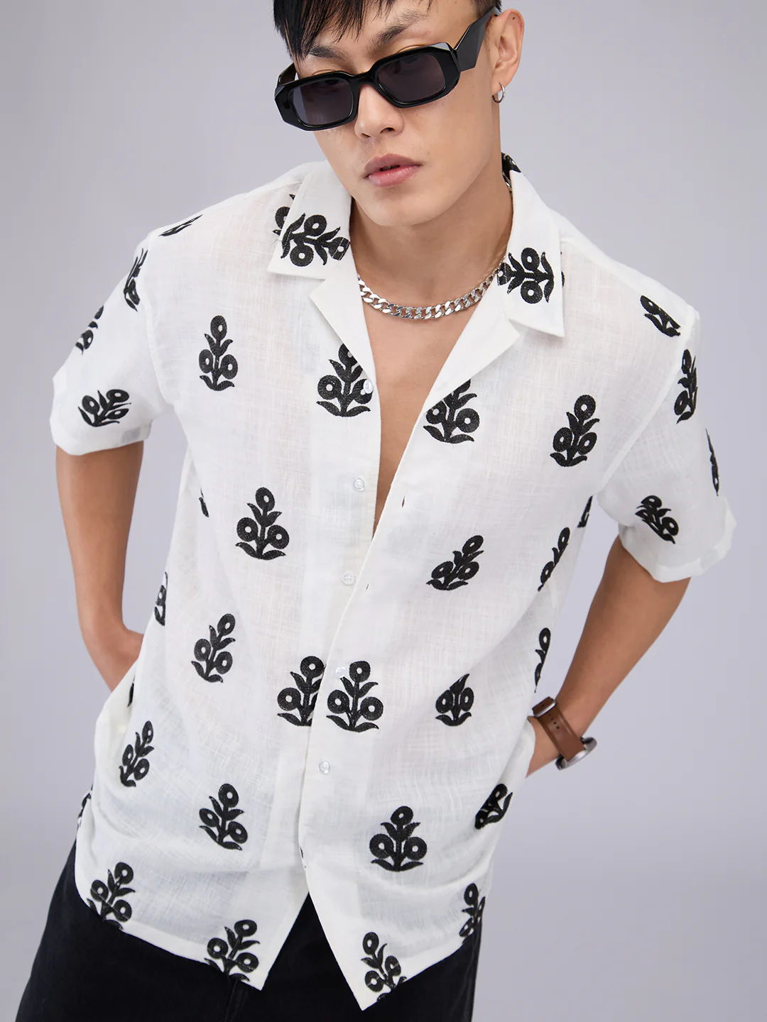 White & Black Embroidered Notch Collar Oversized Shirt - Image 2