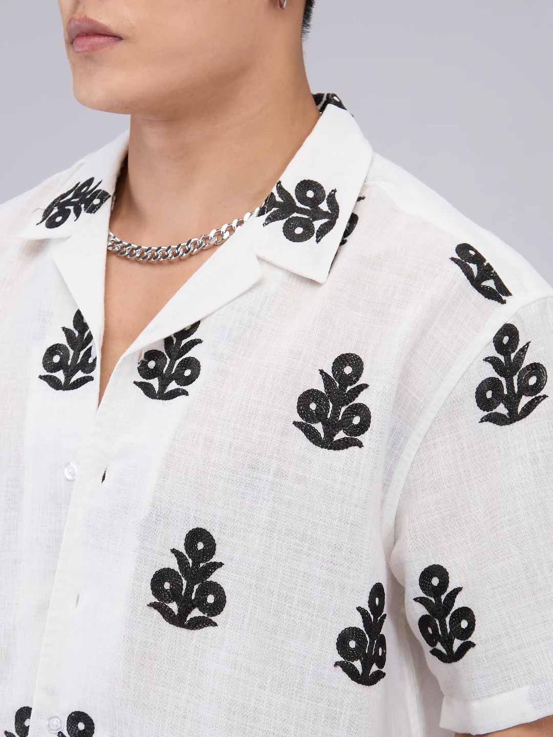 White & Black Embroidered Notch Collar Oversized Shirt - Image 3