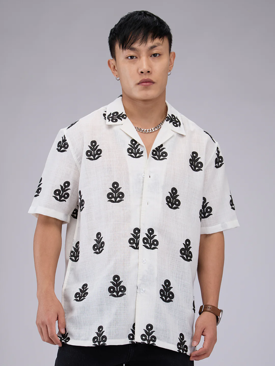 White & Black Embroidered Notch Collar Oversized Shirt - Image 4