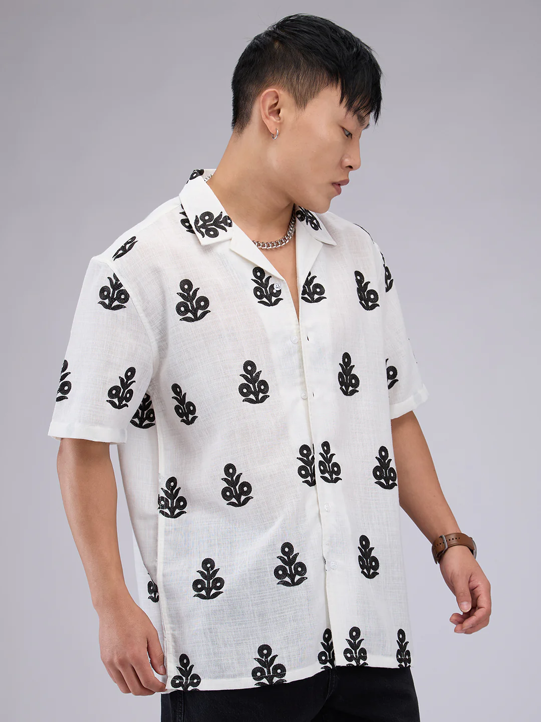 White & Black Embroidered Notch Collar Oversized Shirt - Image 5