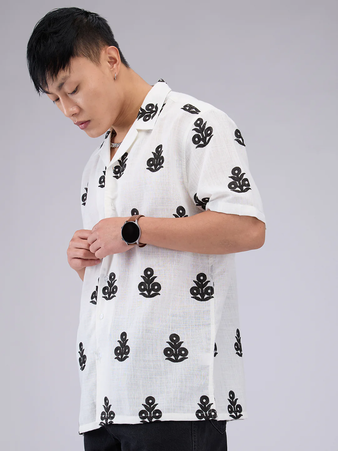 White & Black Embroidered Notch Collar Oversized Shirt - Image 6