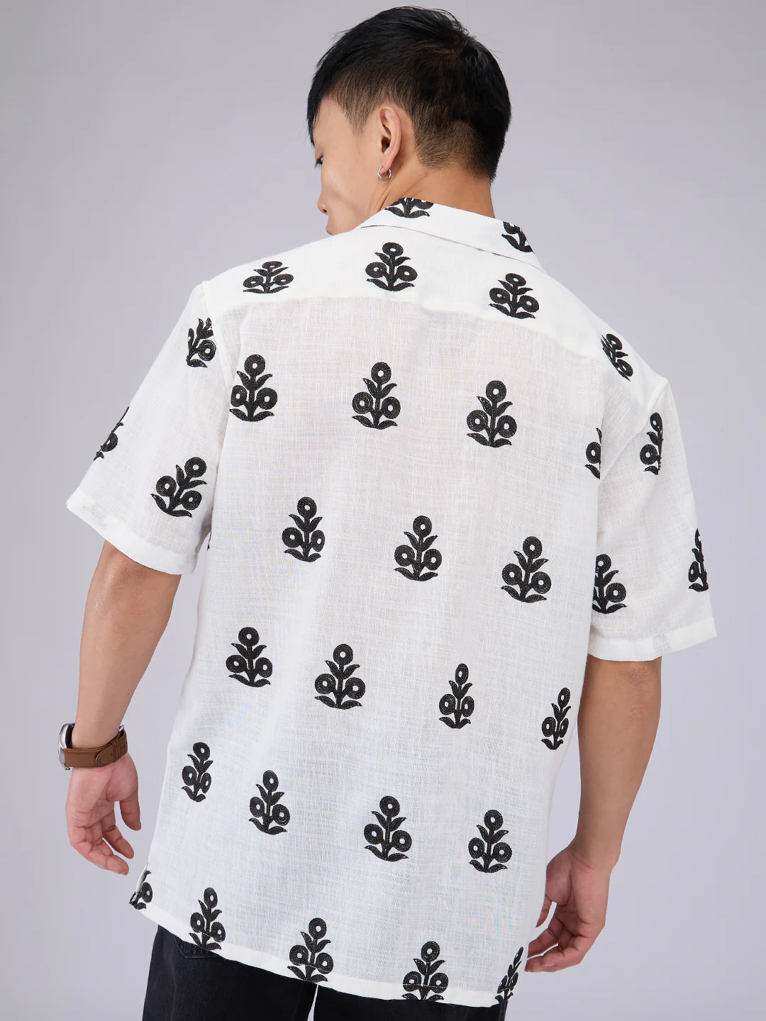 White & Black Embroidered Notch Collar Oversized Shirt - Image 7