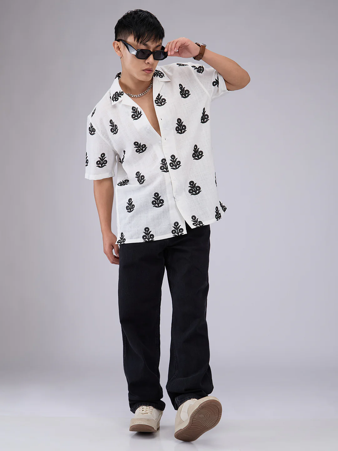 White & Black Embroidered Notch Collar Oversized Shirt - Image 8