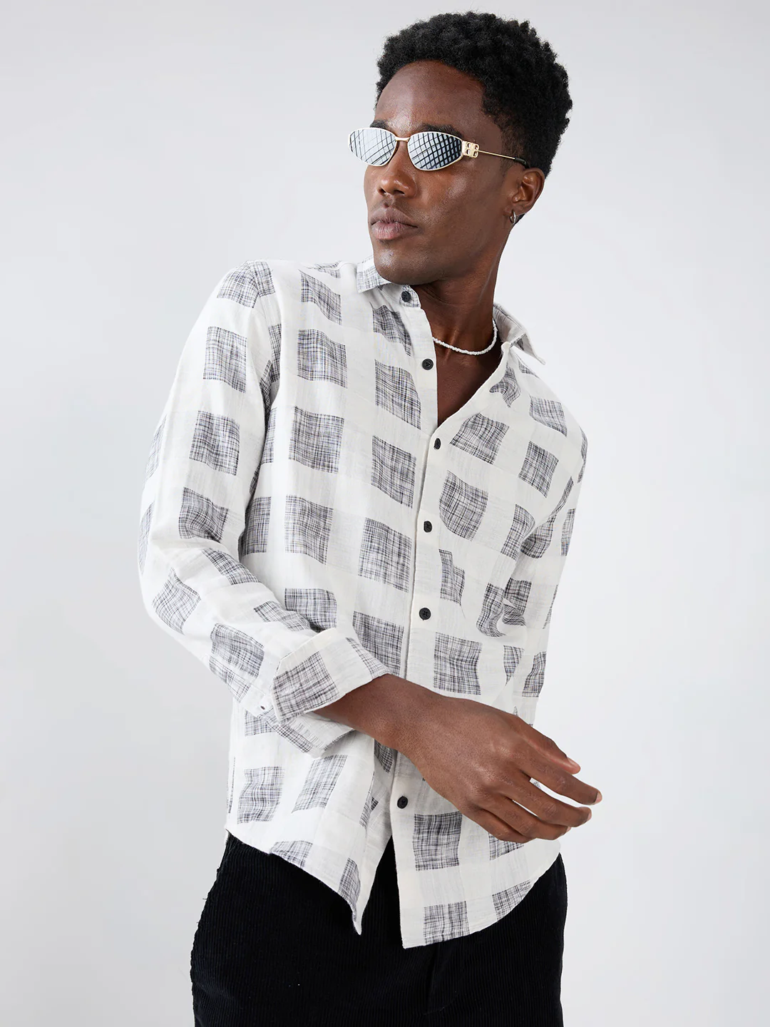 White & Black Geometric Printed Double Cloth Shirt - Image 2