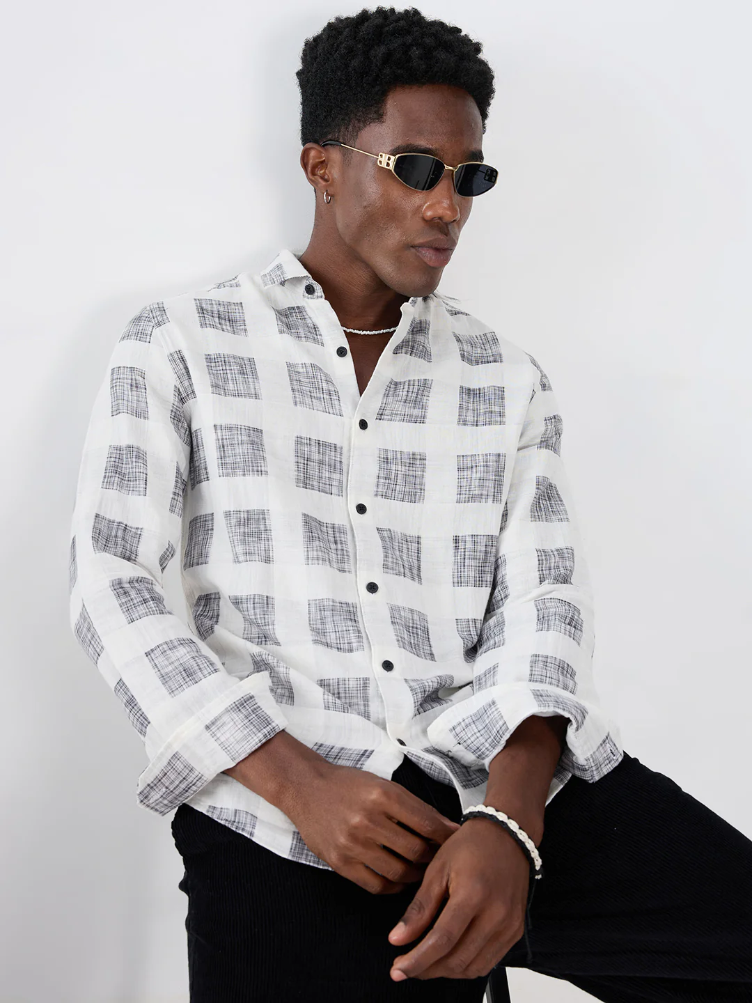 White & Black Geometric Printed Double Cloth Shirt - Image 4
