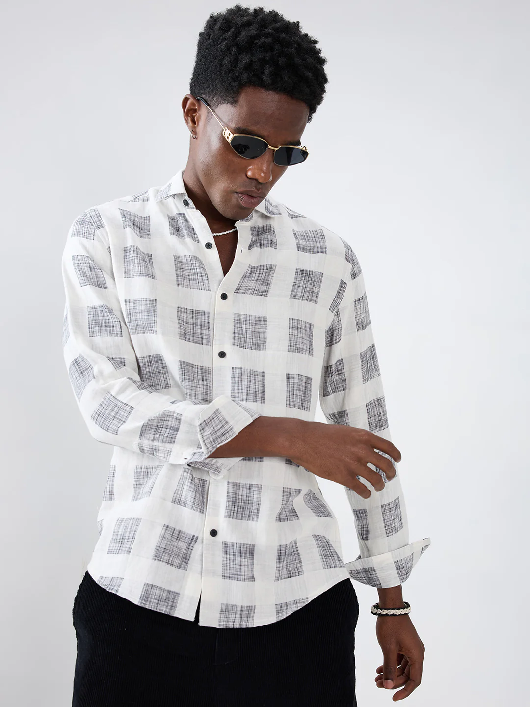 White & Black Geometric Printed Double Cloth Shirt - Image 5