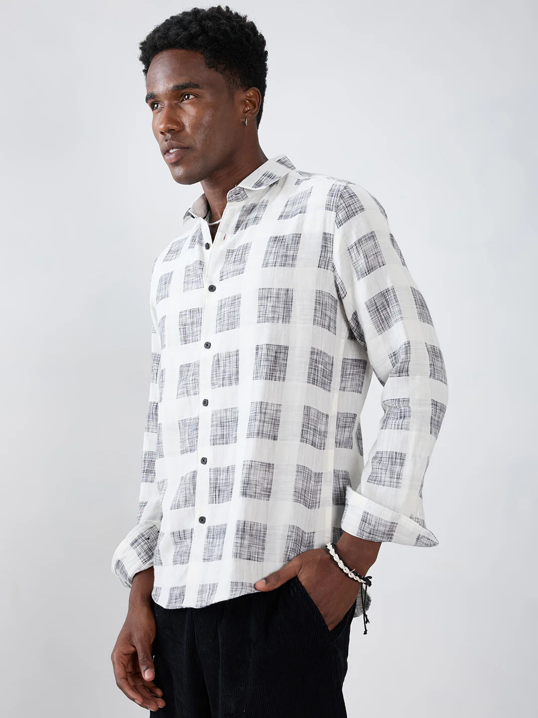 White & Black Geometric Printed Double Cloth Shirt - Image 6