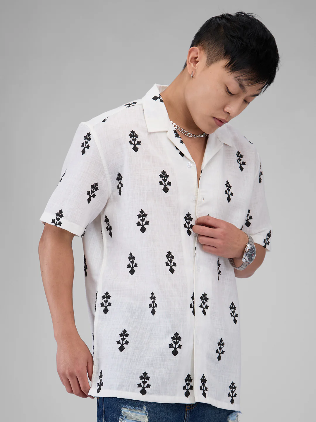 White & Black Motifs Embroidered Notch Collar Oversized Shirt - Image 6
