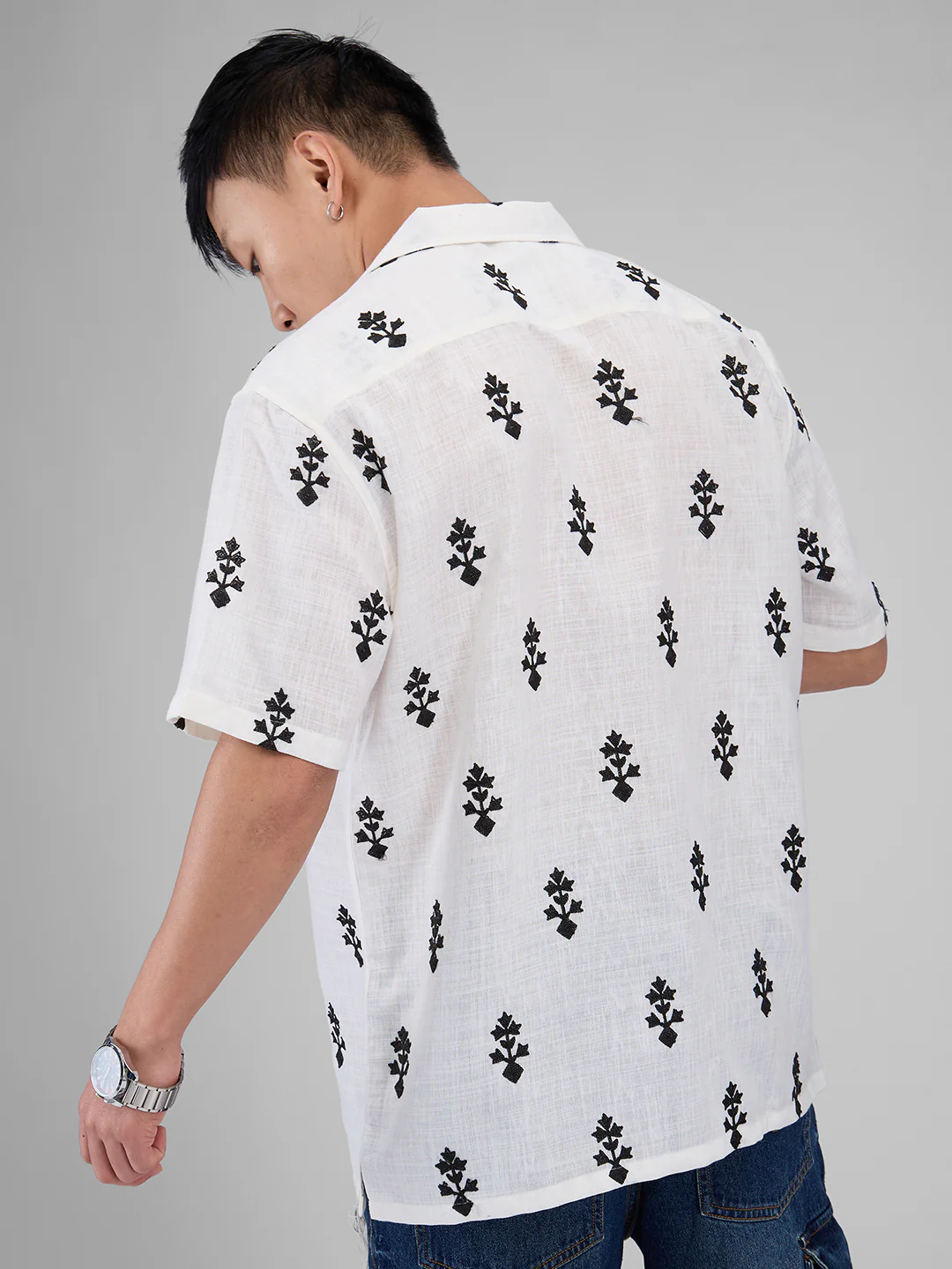 White & Black Motifs Embroidered Notch Collar Oversized Shirt - Image 8