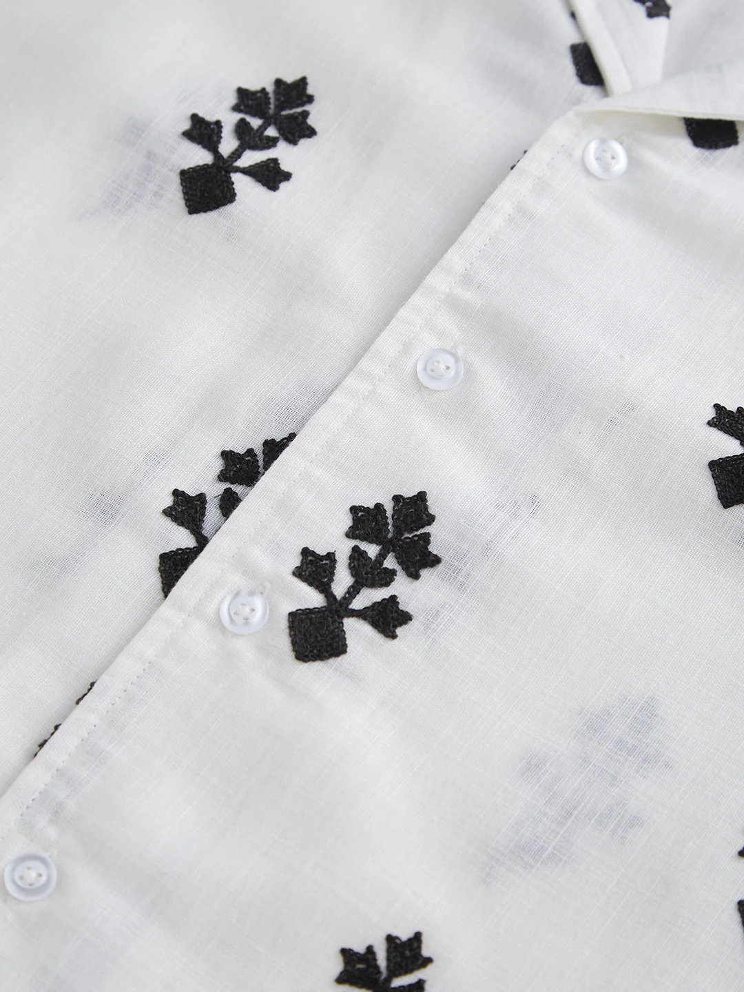White & Black Motifs Embroidered Notch Collar Oversized Shirt - Image 9