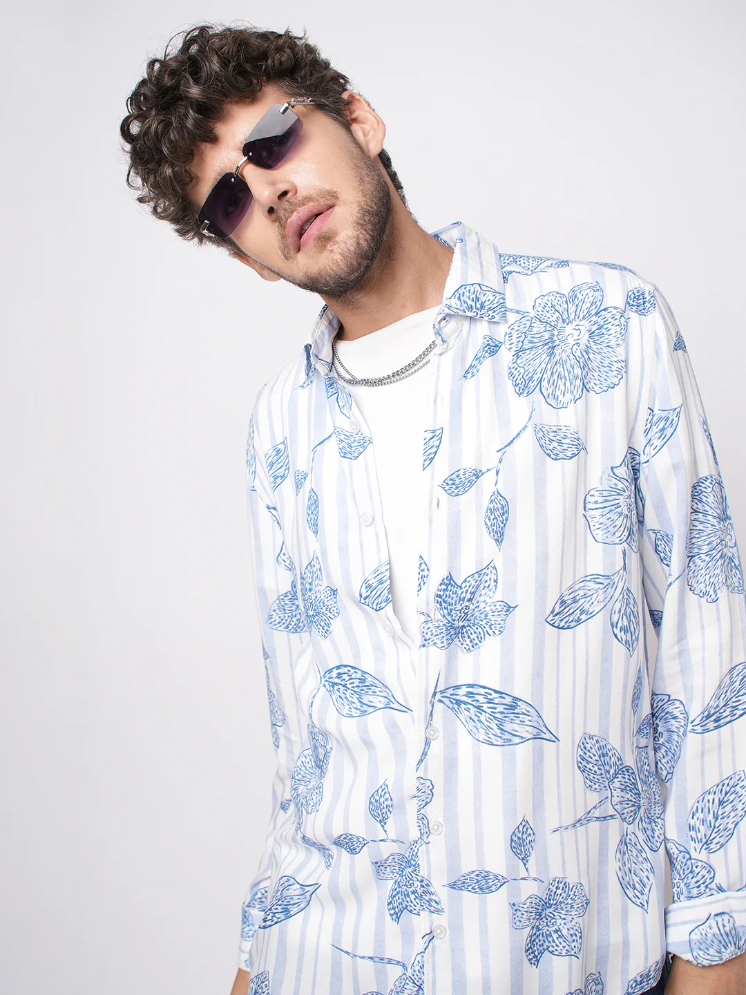 White & Blue Striped Floral Printed Shirt
