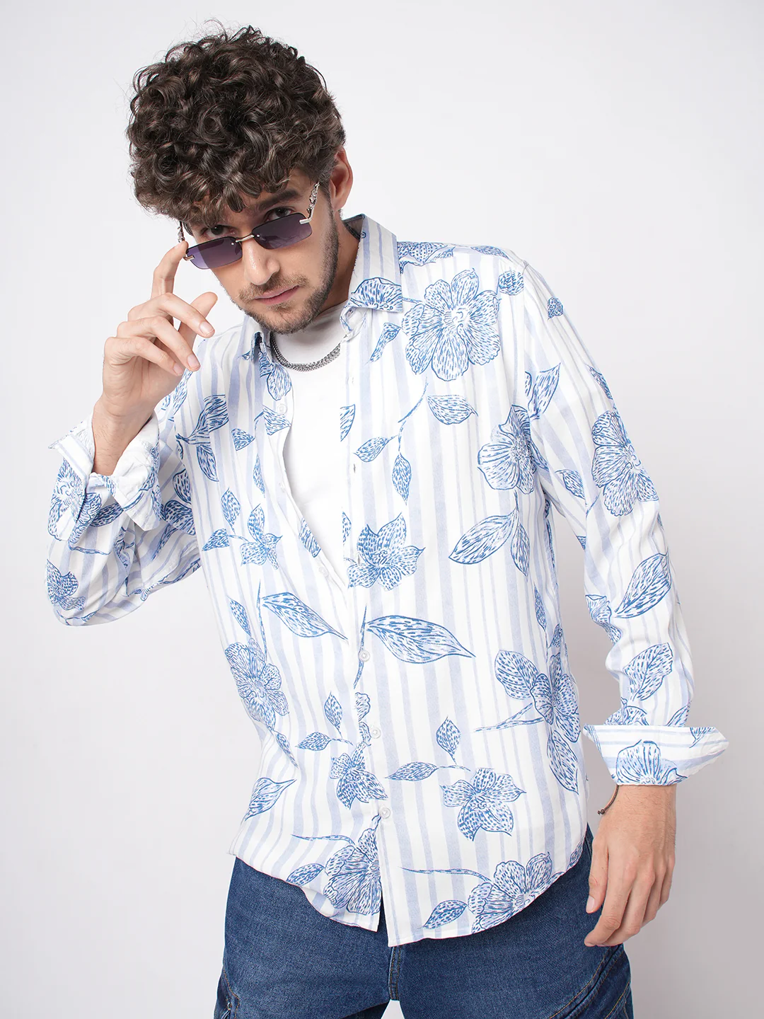 White & Blue Striped Floral Printed Shirt - Image 2