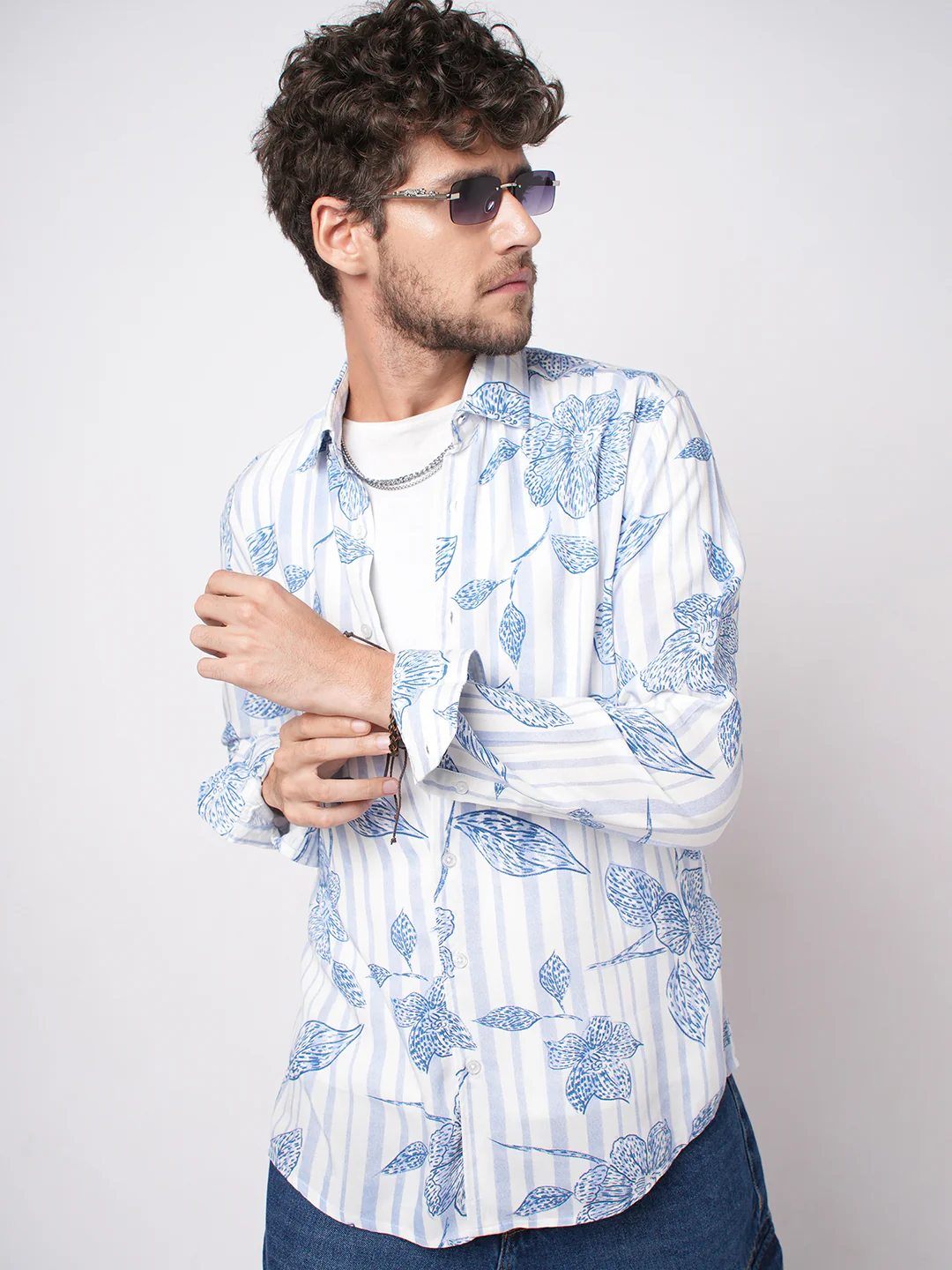 White & Blue Striped Floral Printed Shirt - Image 4