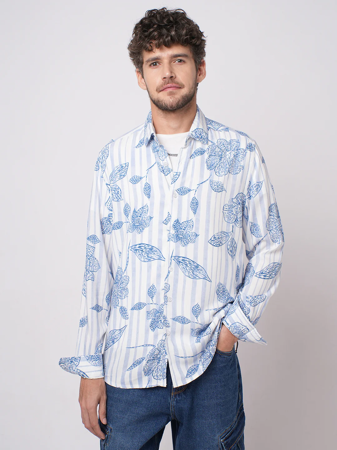 White & Blue Striped Floral Printed Shirt - Image 5