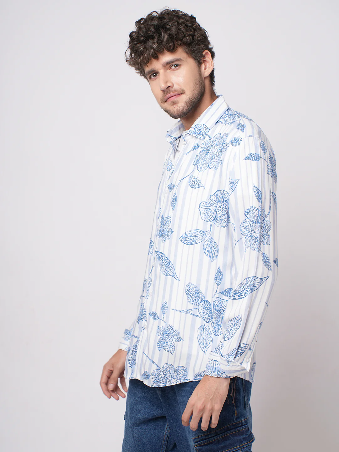 White & Blue Striped Floral Printed Shirt - Image 6