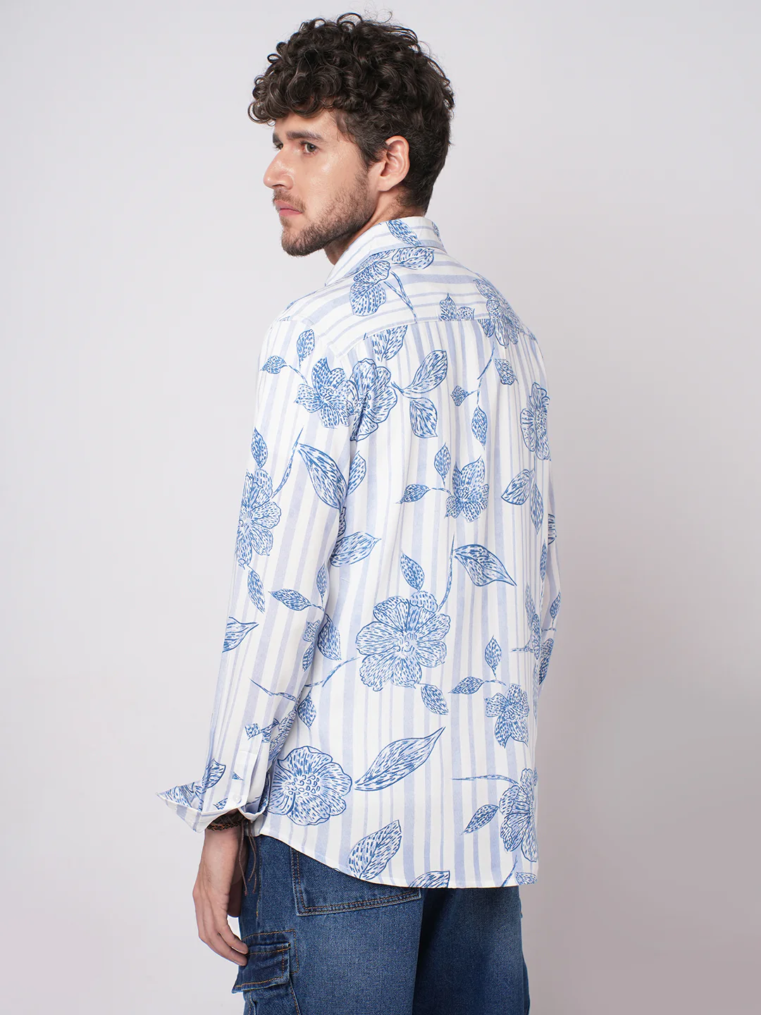 White & Blue Striped Floral Printed Shirt - Image 7