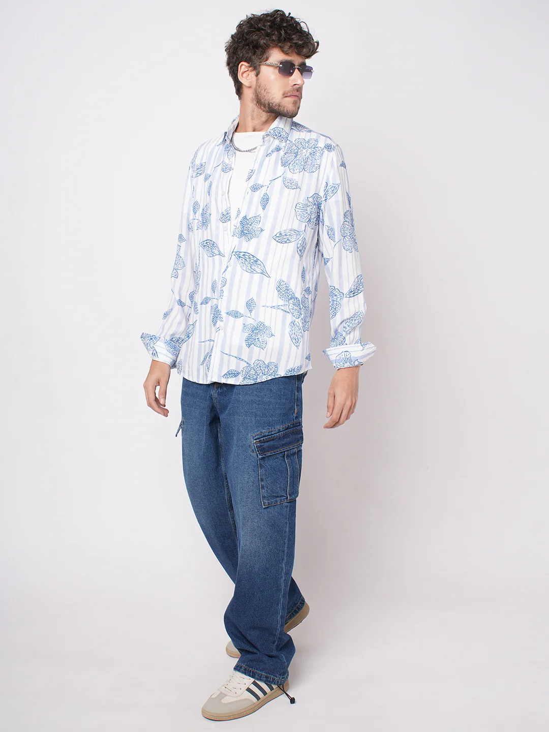 White & Blue Striped Floral Printed Shirt - Image 8