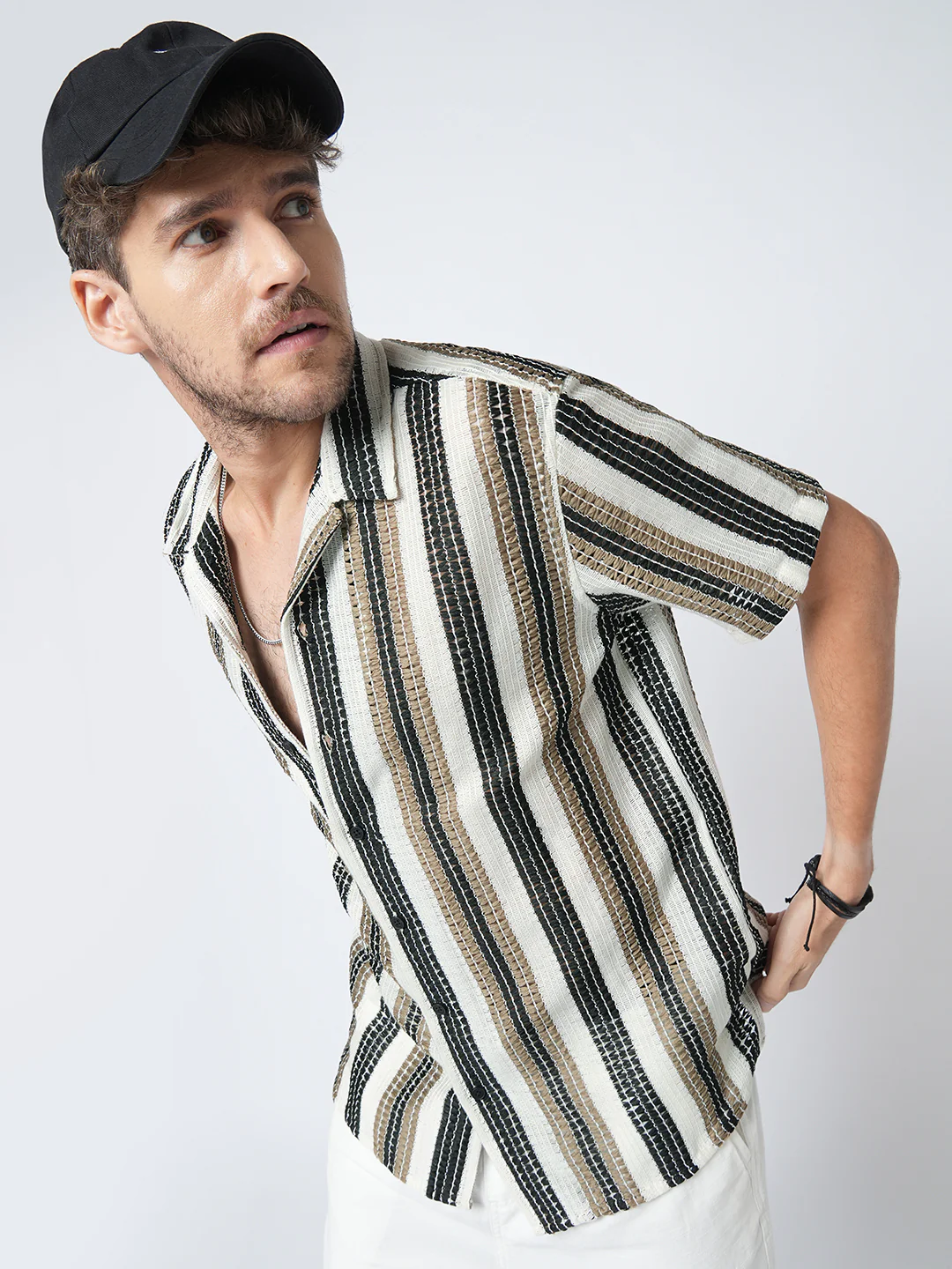 White Boho Weave Striped Crochet Oversized Shirt - Image 2