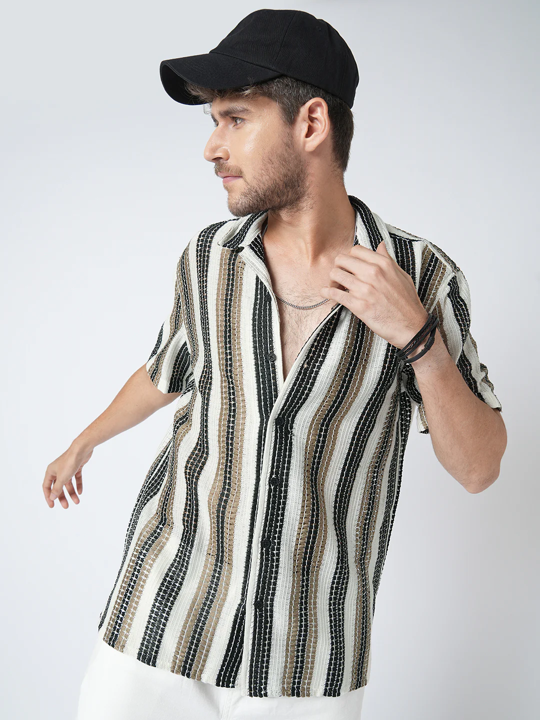 White Boho Weave Striped Crochet Oversized Shirt - Image 4