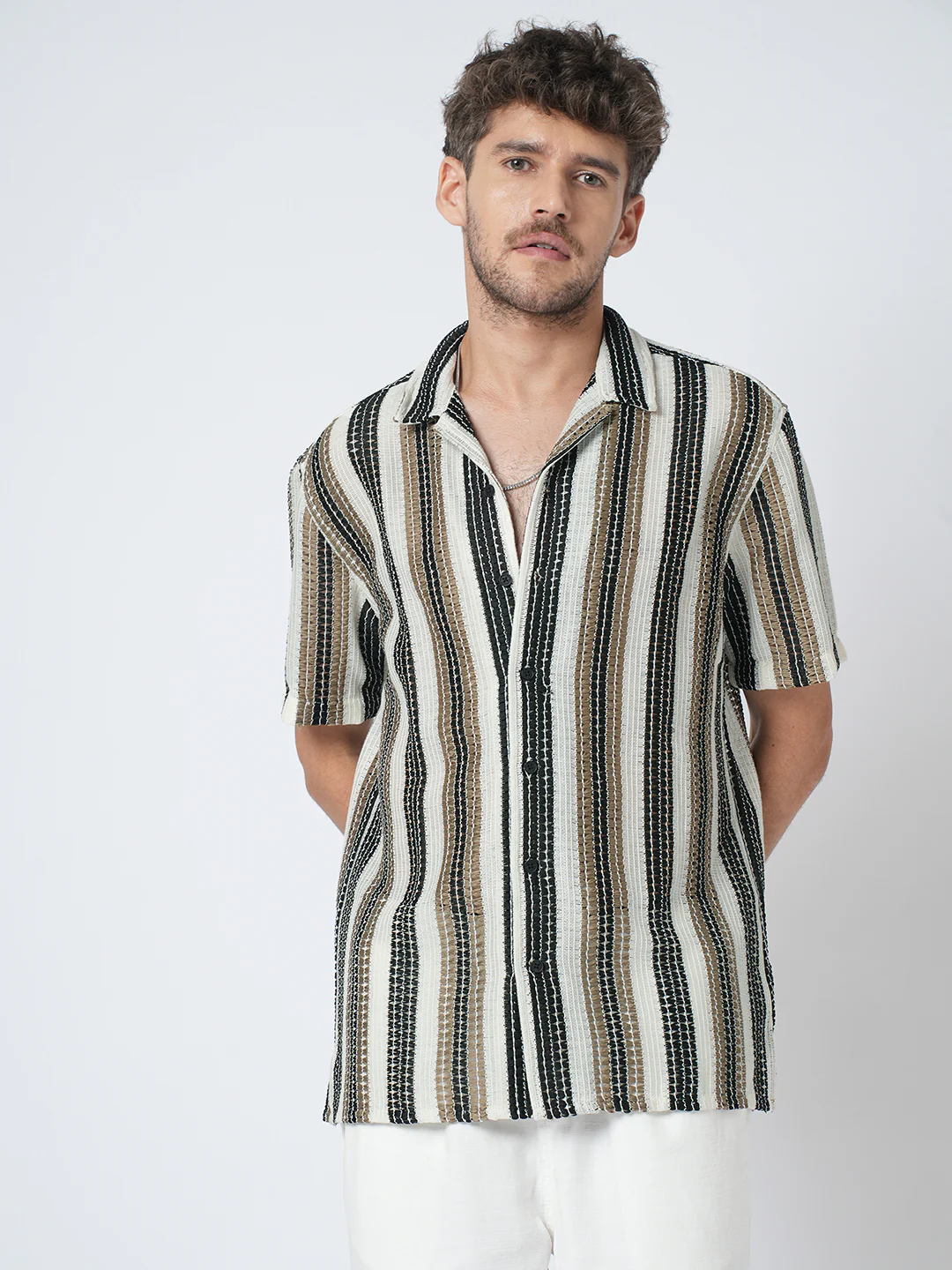 White Boho Weave Striped Crochet Oversized Shirt - Image 5