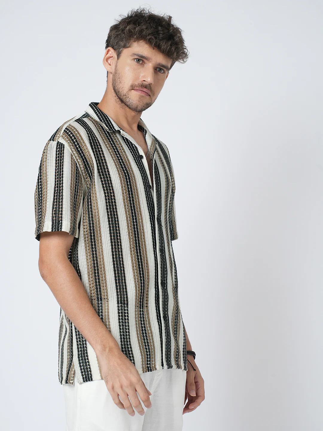 White Boho Weave Striped Crochet Oversized Shirt - Image 6
