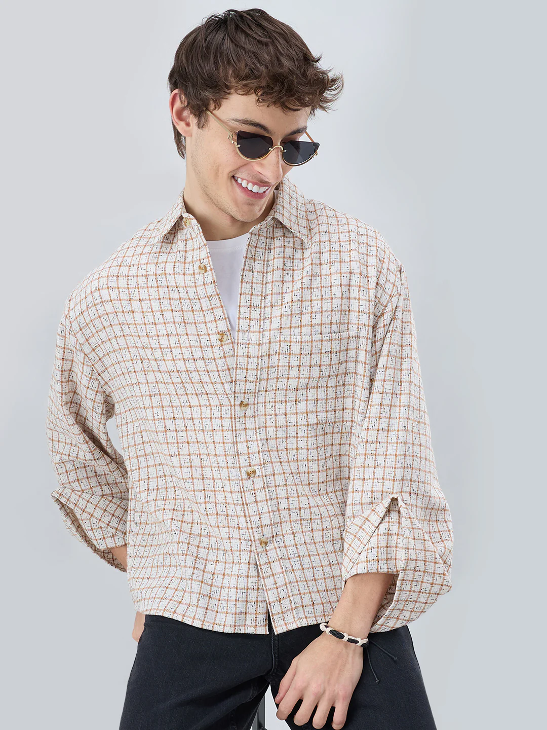 White & Brown Interweave Textured Cuffless Oversized Crop Shirt