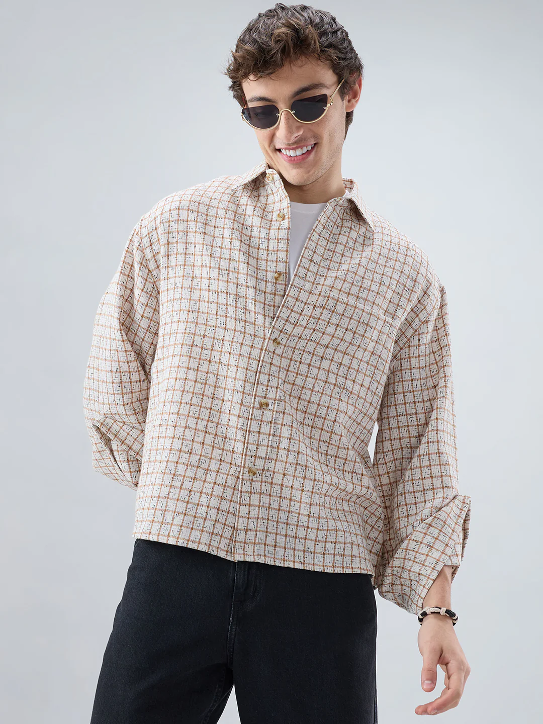 White & Brown Interweave Textured Cuffless Oversized Crop Shirt - Image 2